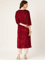 Maroon Zari Embroidery V-Slit Straight Velvet Kurta