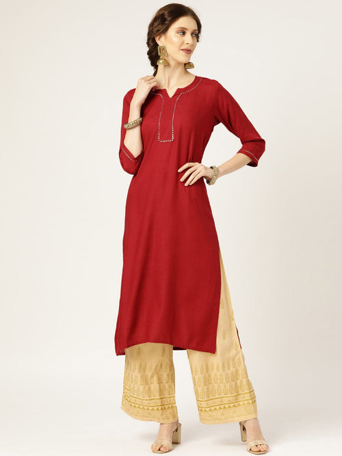 Maroon Lace Detail Straight Kurta