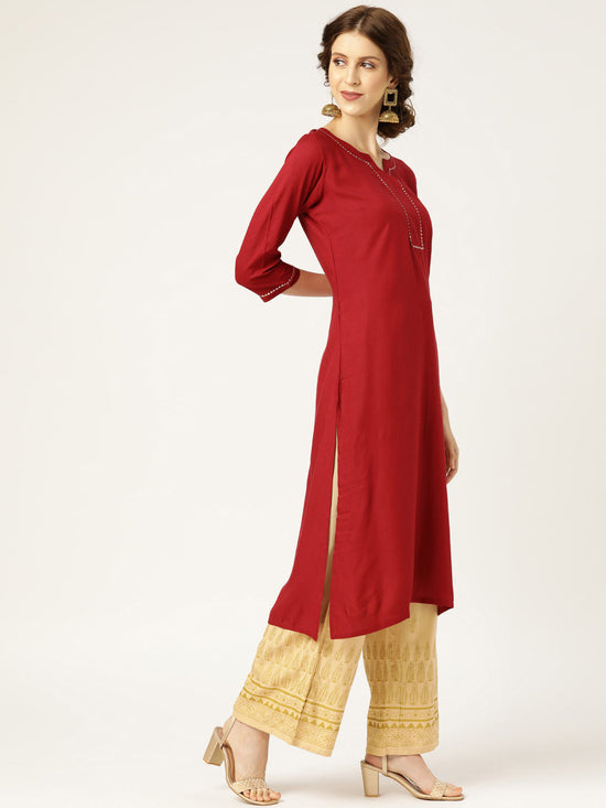 Maroon Lace Detail Straight Kurta