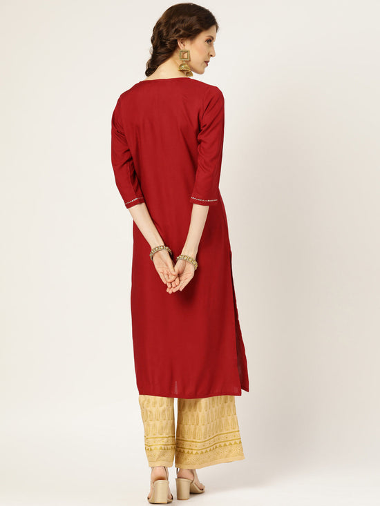 Maroon Lace Detail Straight Kurta