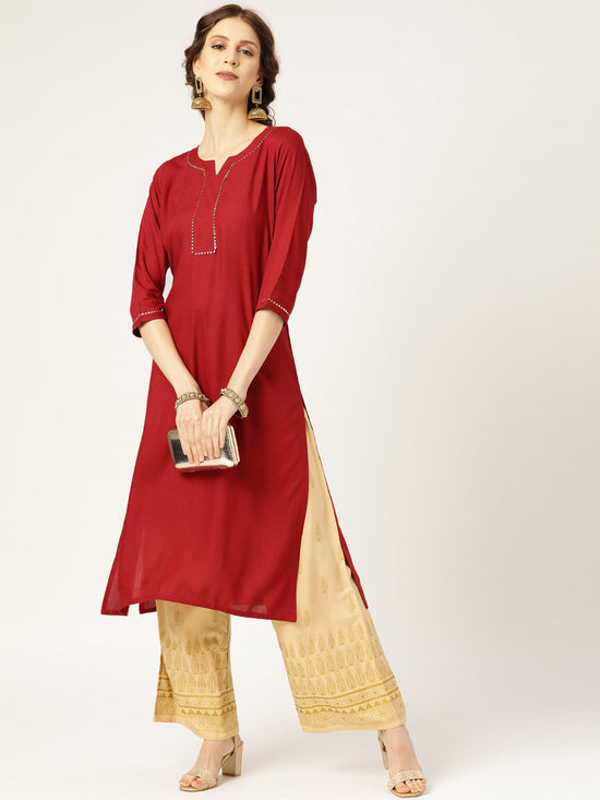 Maroon Lace Detail Straight Kurta