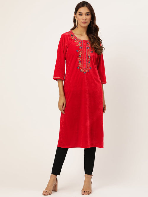 Red Zari Embroidered Placket Kurta