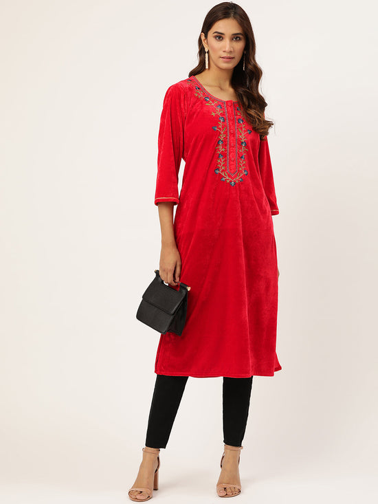 Red Zari Embroidered Placket Kurta