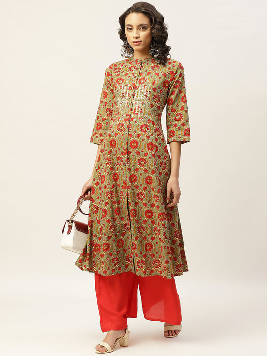 Grey Floral Zari Embroidery Front Open Kurta