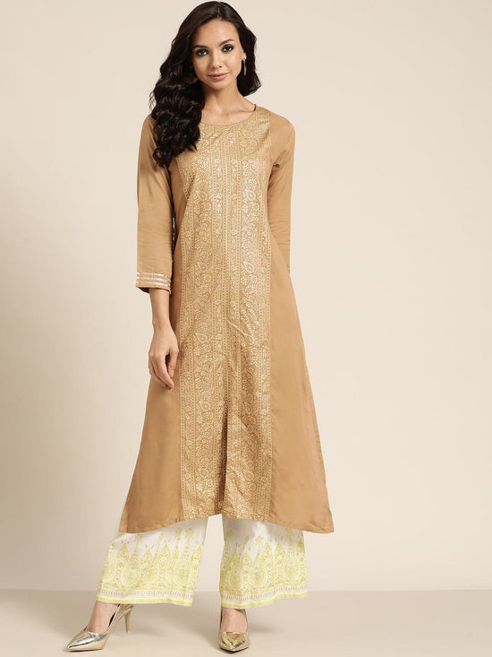 Brown Foil Print Panel Liva Kurta