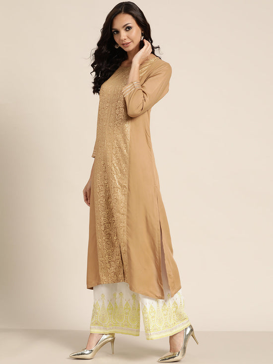 Brown Foil Print Panel Liva Kurta