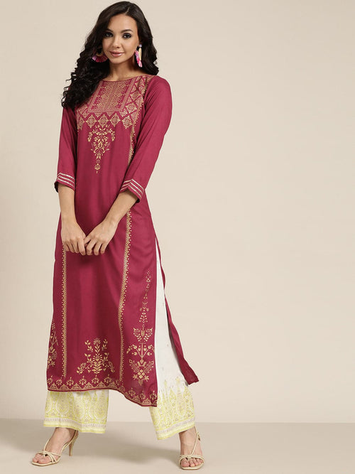 Burgundy Foil Print Liva Kurta