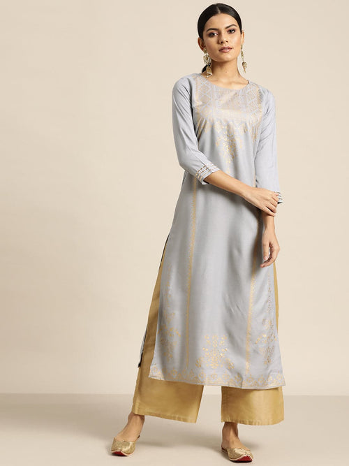 Grey Foil Print Liva Kurta