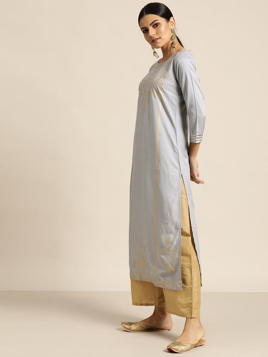 Grey Foil Print Liva Kurta