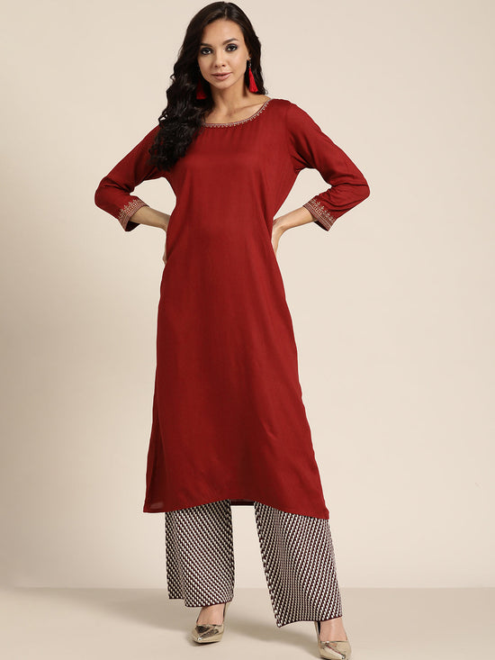 Maroon Zari Embroidered Liva Kurta