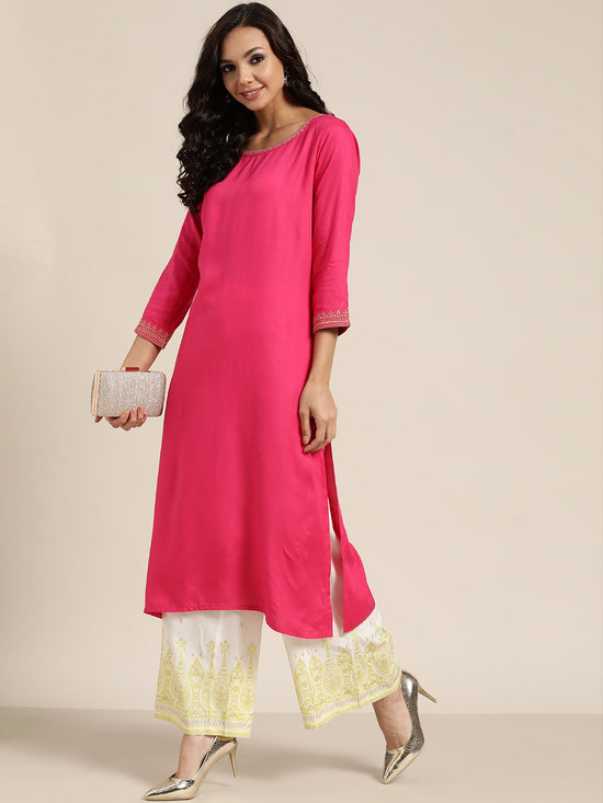 Fuchsia Zari Embroidered Liva Kurta