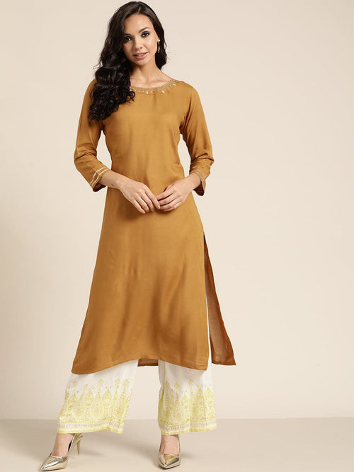 Mustard Neck Zari Embroidered Liva Kurta