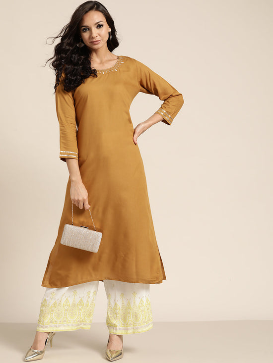 Mustard Neck Zari Embroidered Liva Kurta