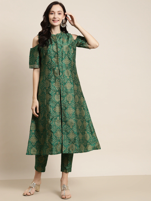 Green Jacquard Floral Cold Shoulder Kurta