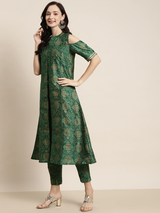 Green Jacquard Floral Cold Shoulder Kurta