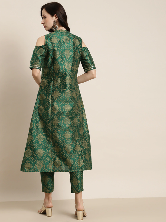 Green Jacquard Floral Cold Shoulder Kurta