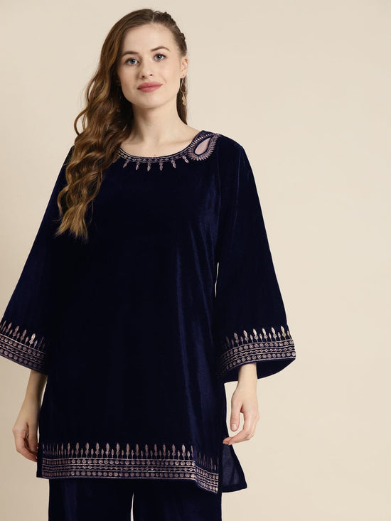 Navy Velvet Zari Embroidered Short Kurta