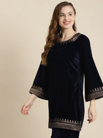 Navy Velvet Zari Embroidered Short Kurta