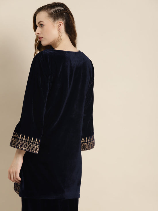 Navy Velvet Zari Embroidered Short Kurta