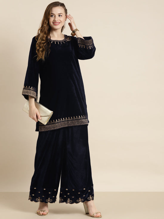 Navy Velvet Zari Embroidered Short Kurta