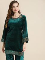 Teal Velvet Zari Embroidered Short Kurta