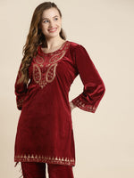 Maroon Velvet Zari Embroidered Short Kurta