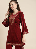 Maroon Velvet Zari Embroidered Short Kurta