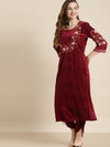 Maroon Velvet Floral Embroidery Straight Kurta