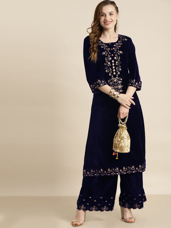 Navy Velvet Floral Zari Embroidery Kurta