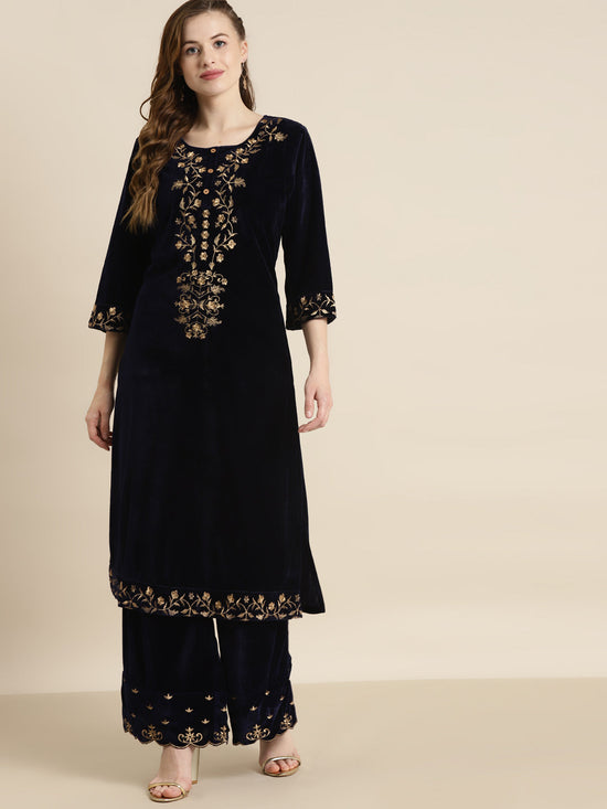 Navy Velvet Floral Zari Embroidery Kurta