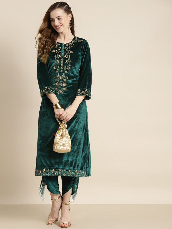 Teal Velvet Floral Zari Embroidery Kurta