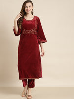 Maroon Velvet Bodice Zari Embroidered Kurta