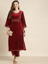 Maroon Velvet Bodice Zari Embroidered Kurta