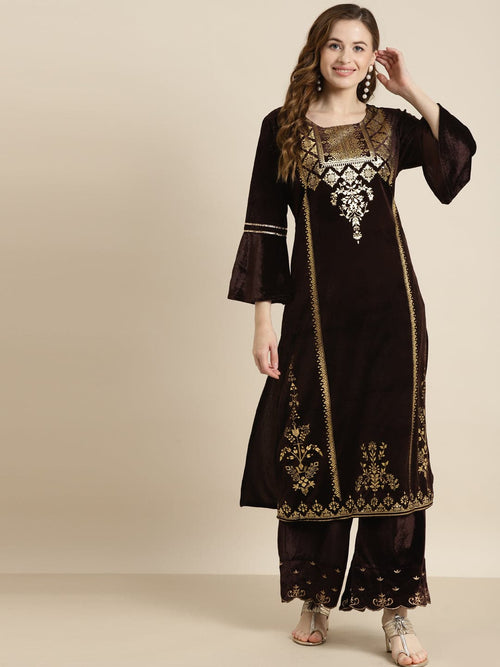 Brown Velvet Foil Print Flared Sleeve Kurta