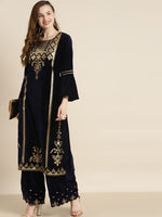 Navy Velvet Foil Print Flared Sleeve Kurta