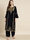 Navy Velvet Foil Print Flared Sleeve Kurta