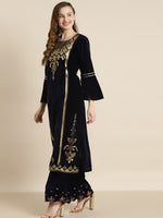 Navy Velvet Foil Print Flared Sleeve Kurta