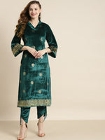 Teal Velvet Foil Print Bell Sleeve Kurta