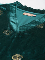 Teal Velvet Foil Print Bell Sleeve Kurta