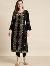 Black Velvet Foil Print Flared Sleeve Kurta