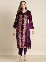 Purple Velvet Foil Print Flared Sleeve Kurta