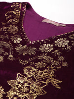 Purple Velvet Foil Print Flared Sleeve Kurta