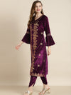 Purple Velvet Foil Print Flared Sleeve Kurta