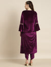 Purple Velvet Foil Print Flared Sleeve Kurta