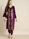 Purple Velvet Foil Print Flared Sleeve Kurta