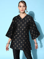 Women Black Cotton Silk Floral Foil Short Kurta
