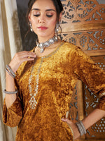 Women Mustard Velvet Pocket Embroidery Straight Kurta