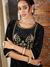 Women Black Velvet Embroidered Yoke Short Kurta