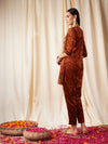 Women Rust Velvet Embroidered Yoke Short Kurta