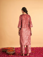 Women Pink Velvet Front Zari Embroidered Straight Kurta